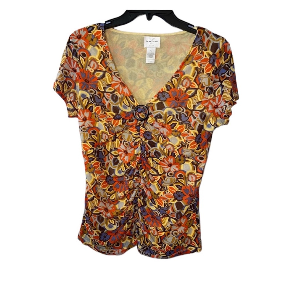 Emma James Petite Retro Floral Short Sleeve Blouse Medium